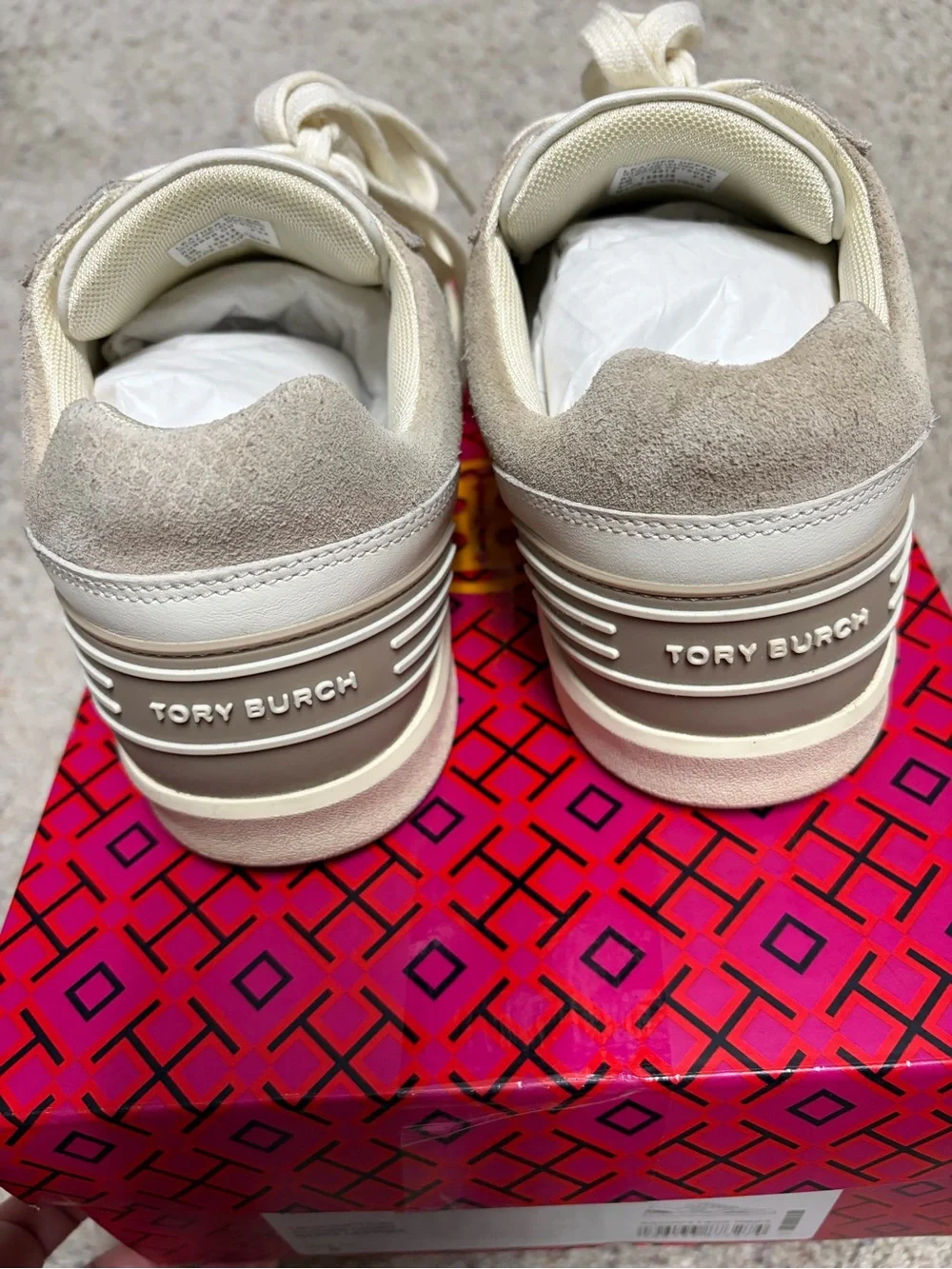 Tory Burch Cream & Taupe Clover Court Suede Logo Sneakers